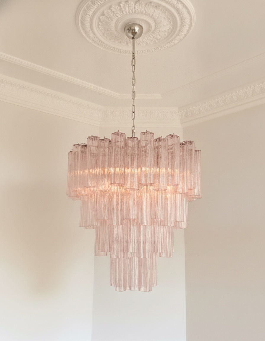Handblown matte pink Murano tiered chandelier, 80 glasses