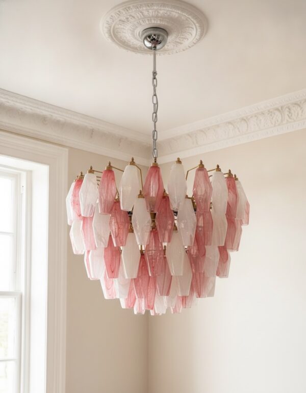 Handblown Murano Alabaster Chandelier – 111 Alabaster Glass under an ornate ceiling rose
