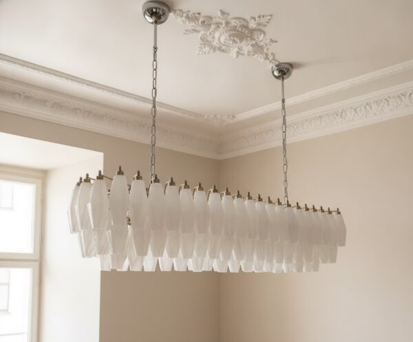 Handblown Murano Alabaster Chandelier – 138 Alabaster Glass under an ornate ceiling rose
