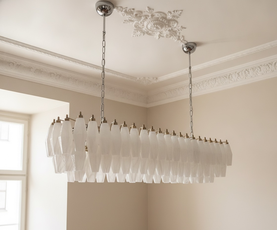Handblown Murano Alabaster Chandelier – 138 Alabaster Glass under an ornate ceiling rose