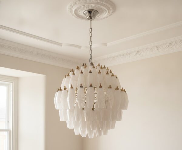 Handblown Murano Alabaster Chandelier – 140 Alabaster Glass under an ornate ceiling rose