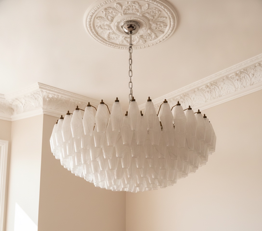 Handblown Murano Alabaster Chandelier – 185 Alabaster Glass under an ornate ceiling rose