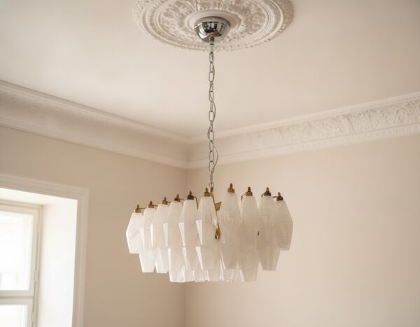 Handblown Murano Alabaster Chandelier – 56 Alabaster Glass under an ornate ceiling rose