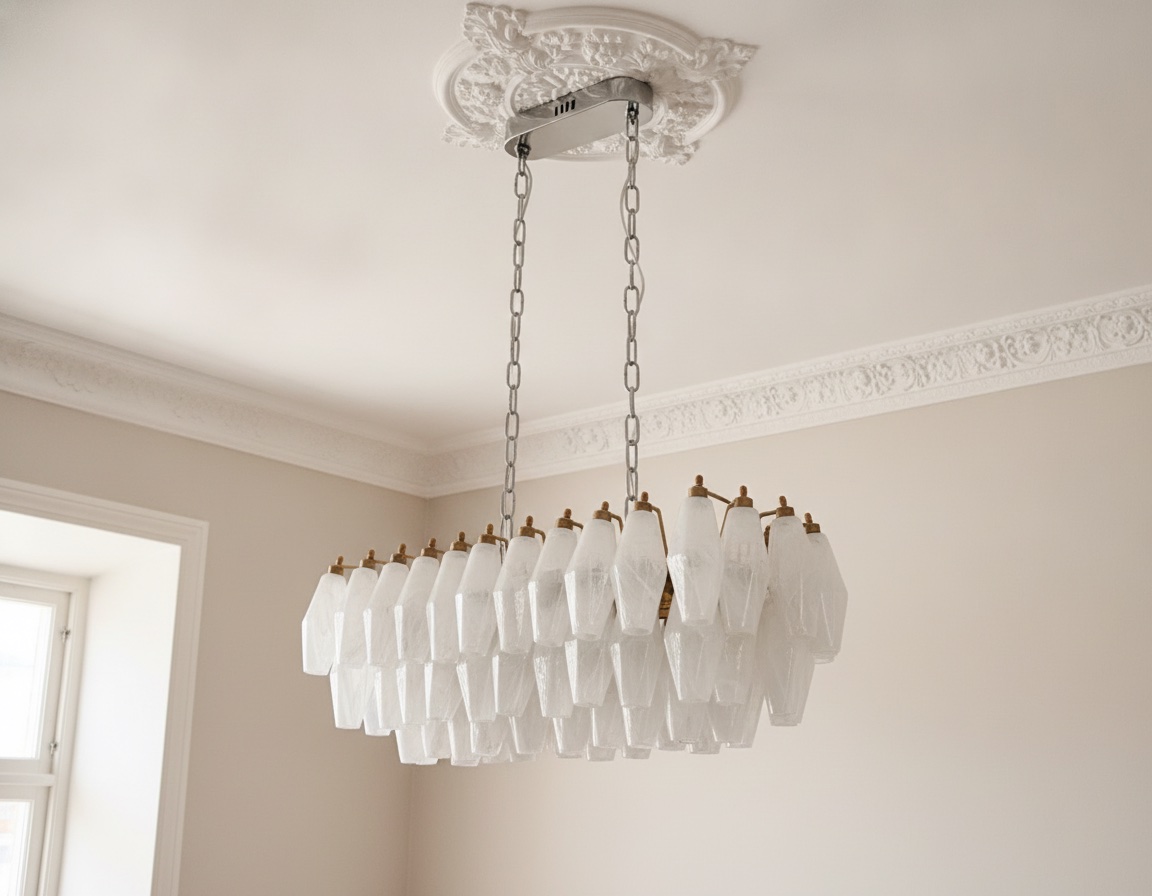 Handblown Murano Alabaster Chandelier – 84 Alabaster Glass under an ornate ceiling rose