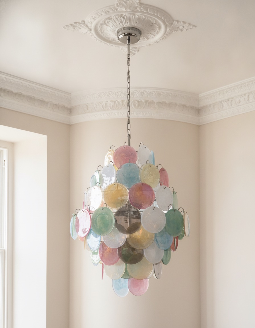 Handblown Murano Alabaster Chandelier – 87 Alabaster Glass under an ornate ceiling rose