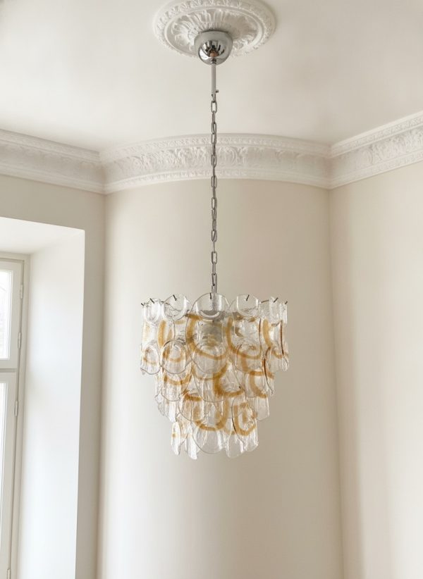 Handblown Murano Crostoli Chandelier – Medium under an ornate ceiling rose