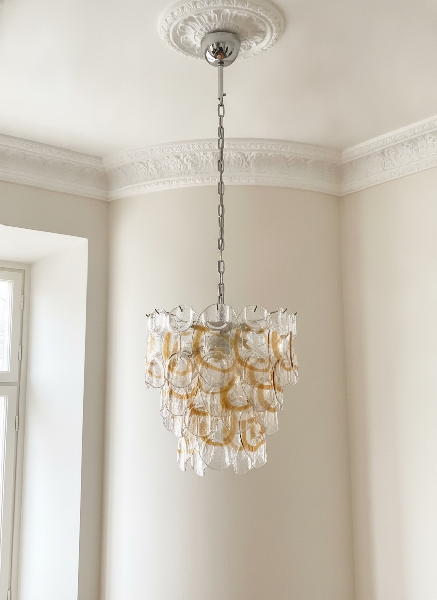 Handblown Murano Crostoli Chandelier – Medium under an ornate ceiling rose