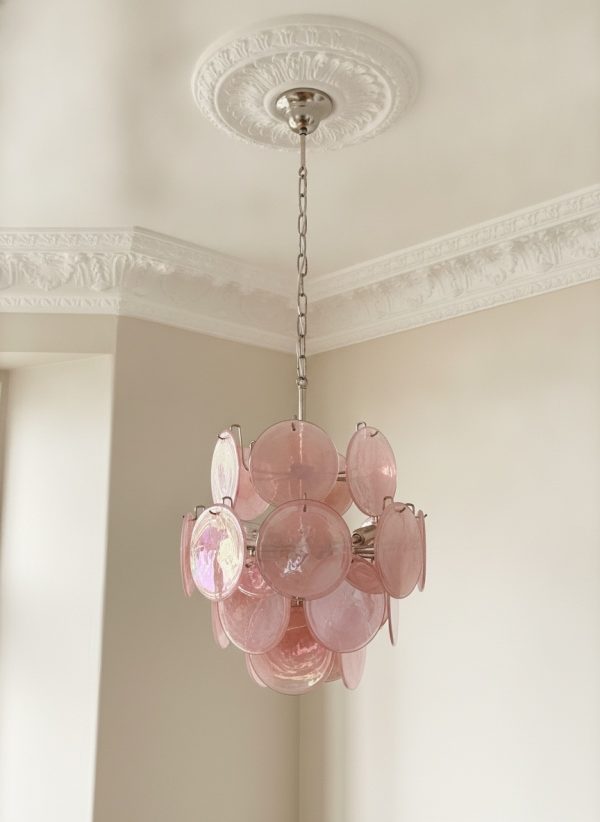Handblown Murano Disks Chandelier – 24 Glass Discs under an ornate ceiling rose