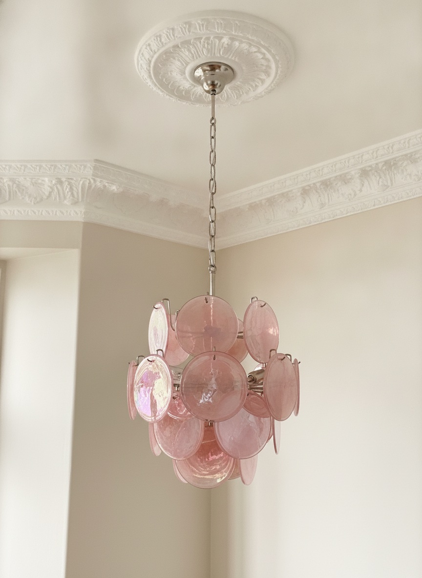 Handblown Murano Disks Chandelier – 24 Glass Discs under an ornate ceiling rose