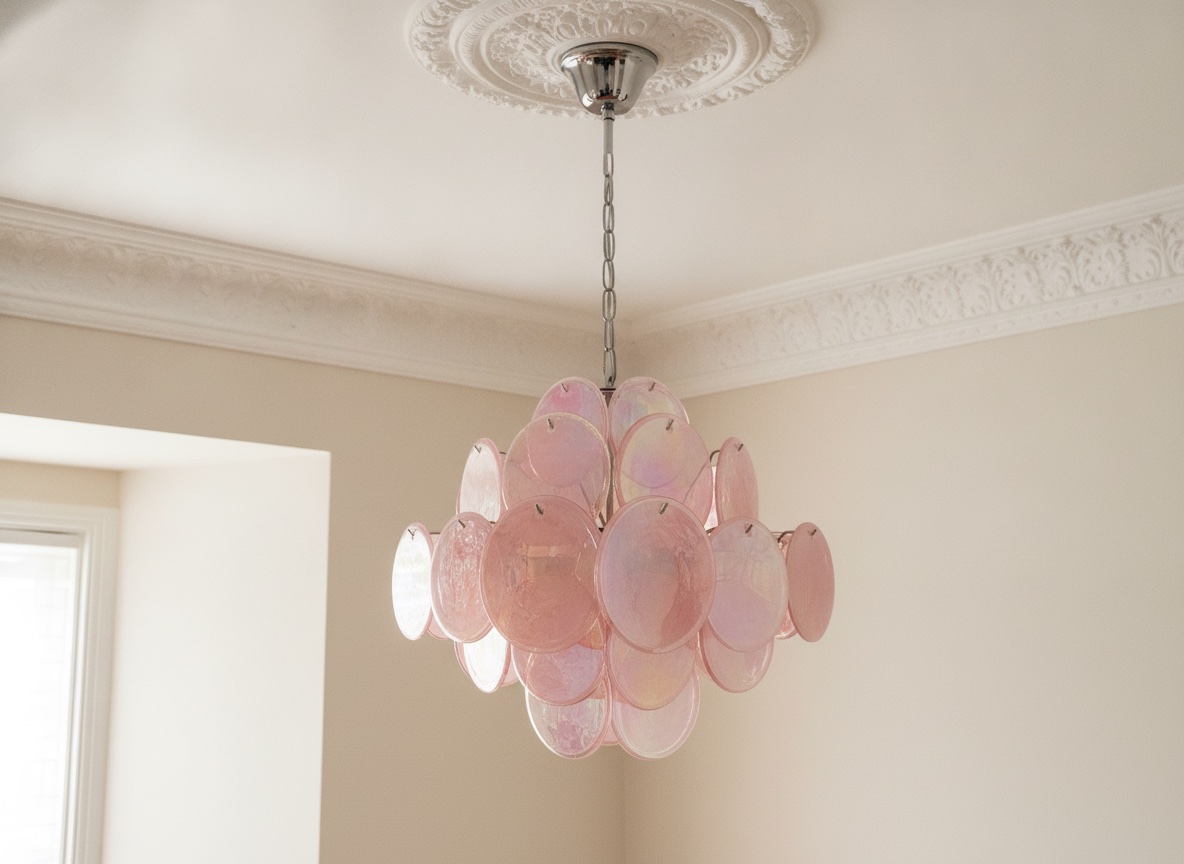 Handblown Murano Disks Chandelier – 36 Glass Discs under an ornate ceiling rose