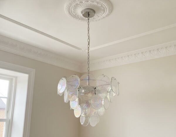 Handblown Murano Disks Chandelier – 57 Glass Discs under an ornate ceiling rose