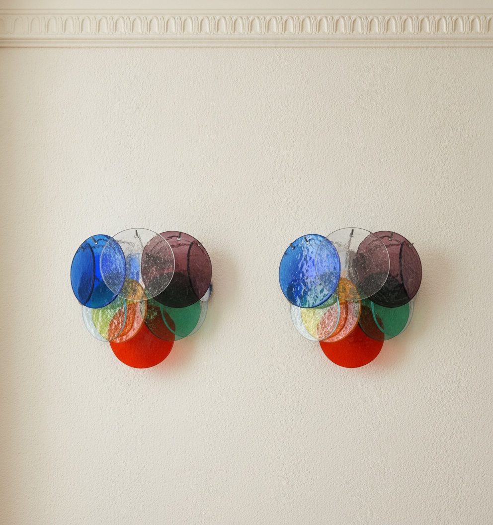 Handblown Murano Disks Wall Sconce – 10 Glass Discs – Set of 2 mounted on the wall