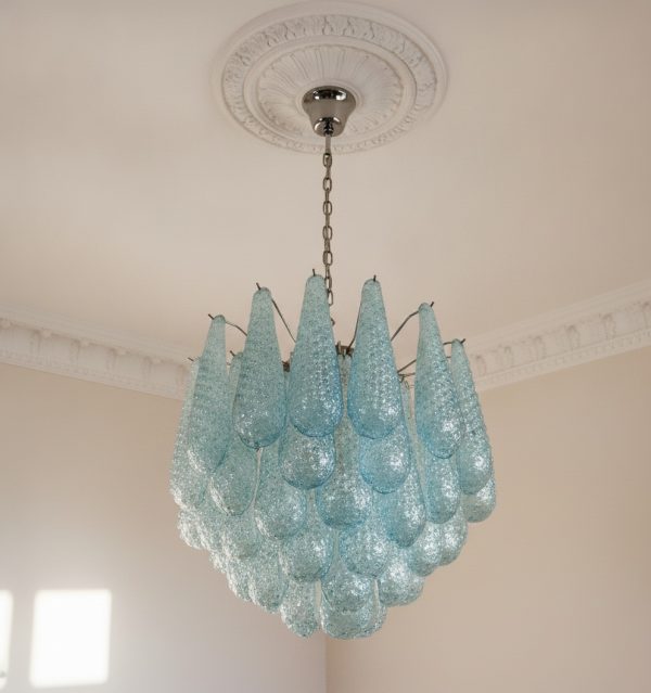 Handblown Murano Drops Chandelier – 41 Glass Drops in blue glass