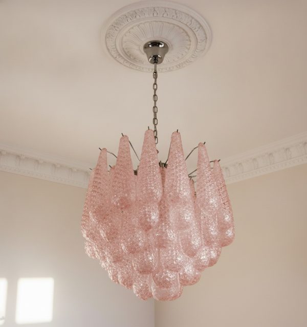 Handblown Murano Drops Chandelier – 41 Glass Drops in pink glass