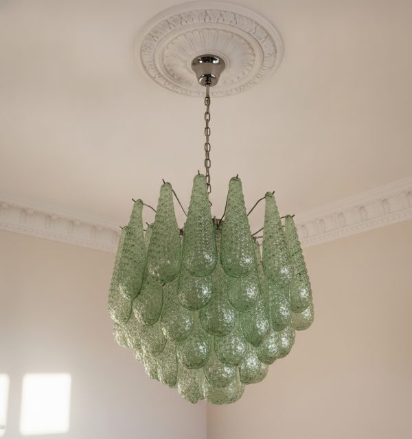 Handblown Murano Drops Chandelier – 41 Glass Drops in green glass