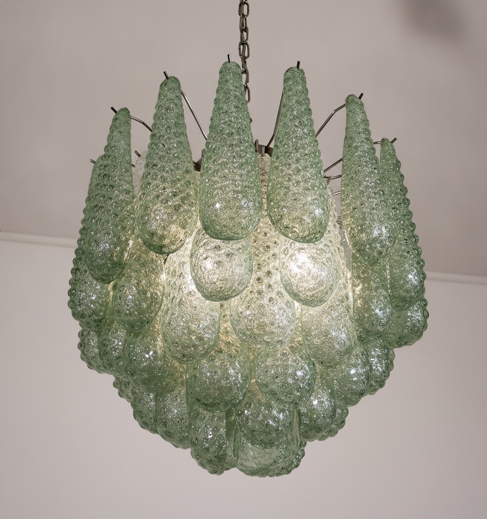 Handblown Murano Drops Chandelier – 41 Glass Drops in green glass