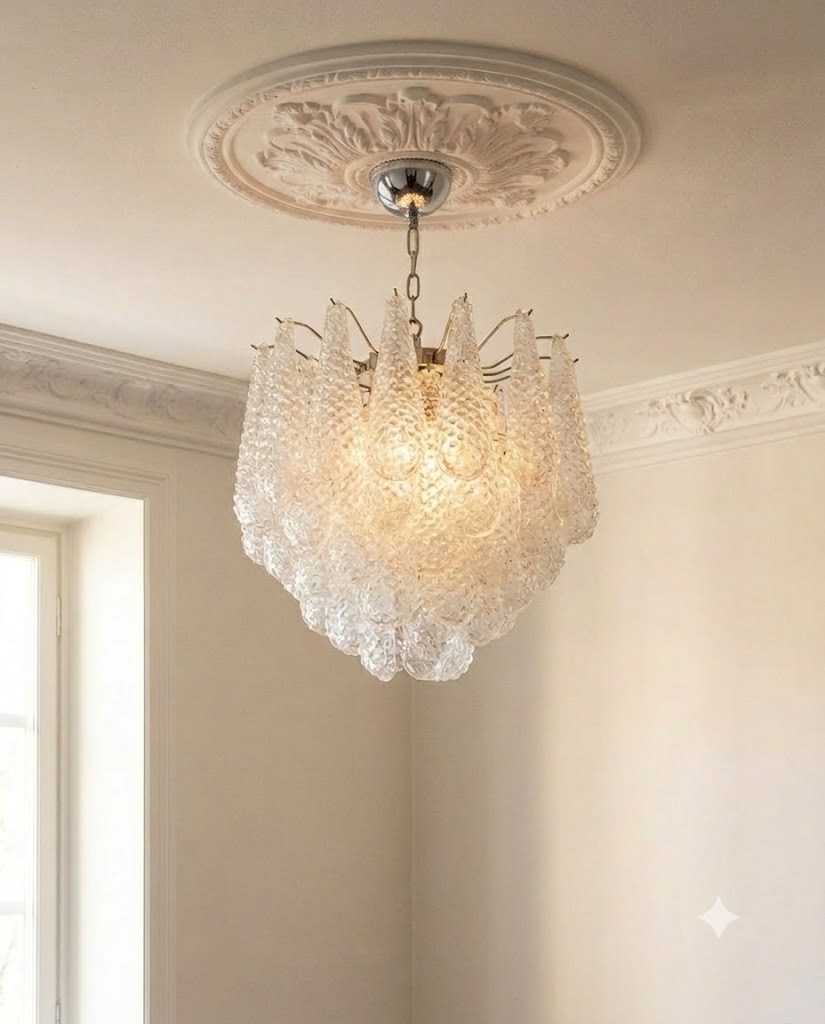 Handblown Murano Drops Chandelier – 41 Glass Drops under an ornate ceiling rose