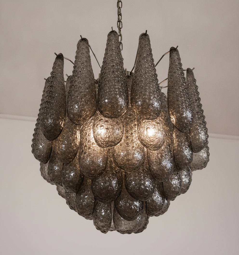 Handblown Murano Drops Chandelier – 41 Glass Drops in smoked glass