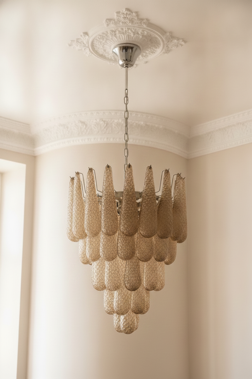 Handblown Murano Drops Chandelier – 52 Glass Drops in beige glass