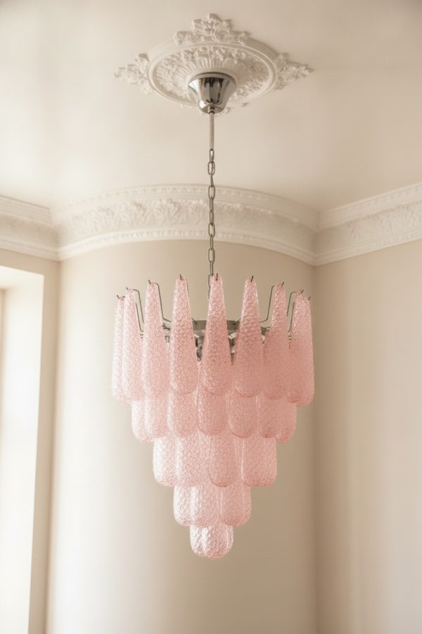 Handblown Murano Drops Chandelier – 52 Glass Drops in pink glass