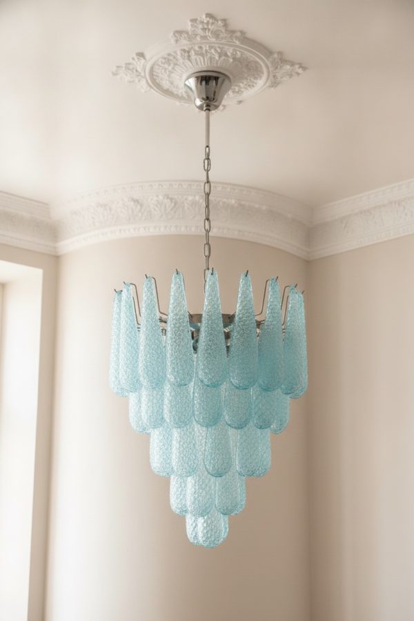 Handblown Murano Drops Chandelier – 52 Glass Drops in blue glass