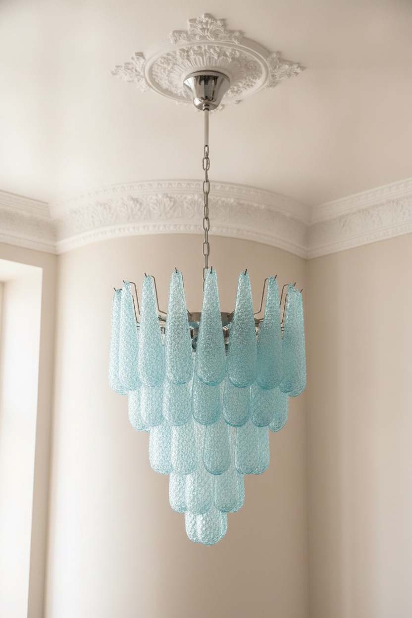 Handblown Murano Drops Chandelier – 52 Glass Drops in blue glass