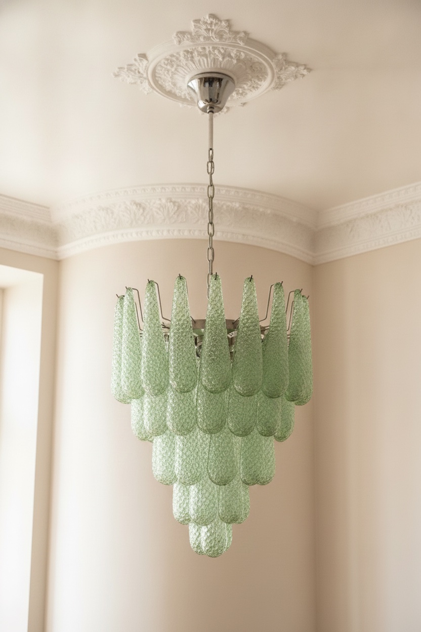 Handblown Murano Drops Chandelier – 52 Glass Drops in green glass