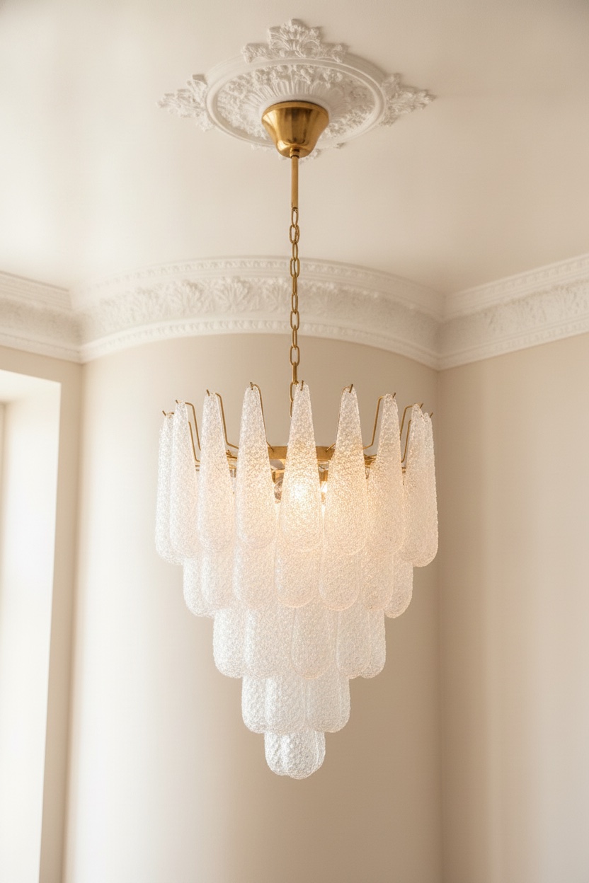 Handblown Murano Drops Chandelier – 52 Glass Drops with matte gold chain and canopy