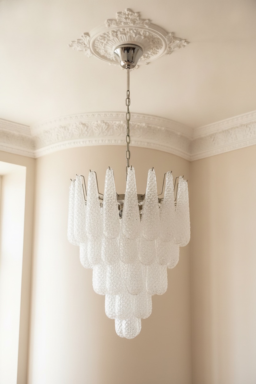 Handblown Murano Drops Chandelier – 52 Glass Drops under an ornate ceiling rose