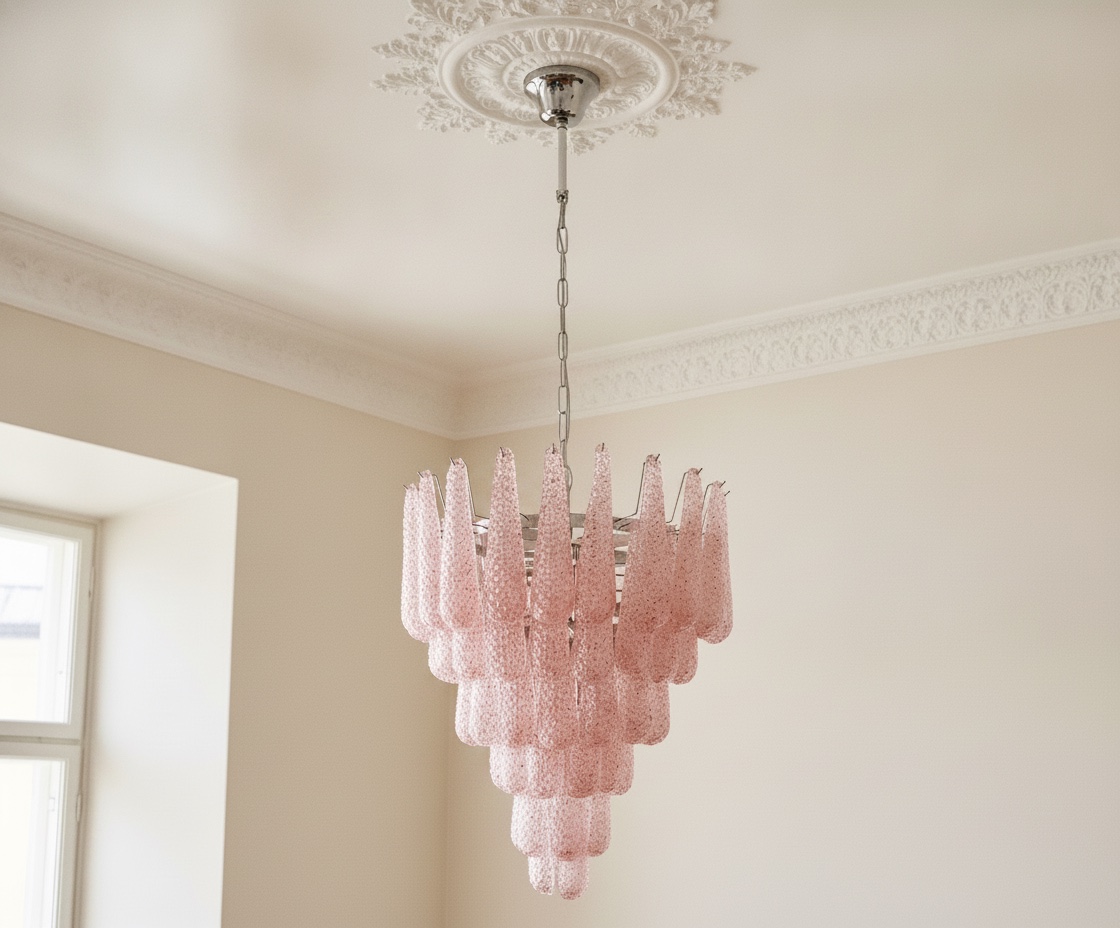 Handblown Murano Drops Chandelier – 75 Glass Drops in pink glass