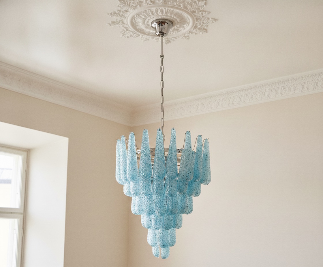 Handblown Murano Drops Chandelier – 75 Glass Drops in blue glass