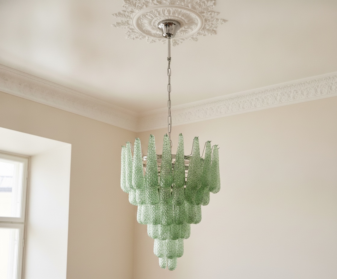 Handblown Murano Drops Chandelier – 75 Glass Drops in green glass