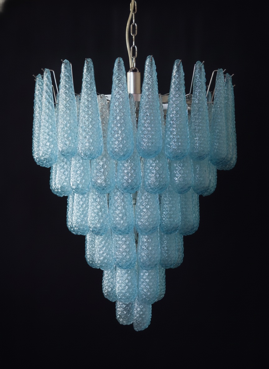 Handblown Murano Drops Chandelier – 75 Glass Drops in blue glass