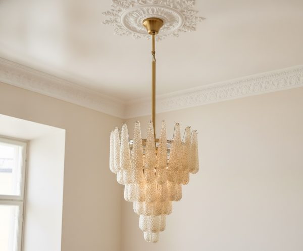 Handblown Murano Drops Chandelier – 75 Glass Drops with matte gold chain and canopy
