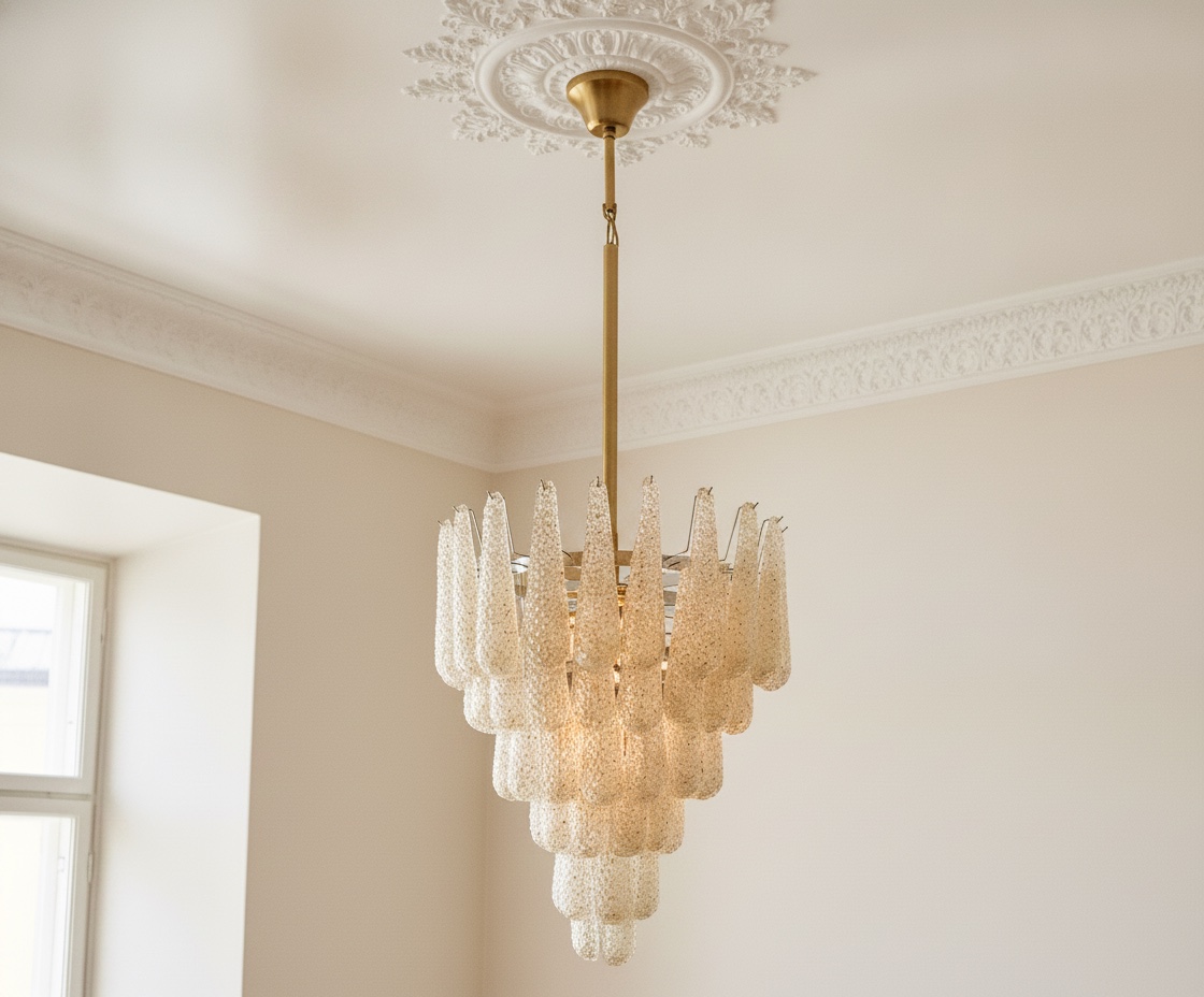Handblown Murano Drops Chandelier – 75 Glass Drops with matte gold chain and canopy