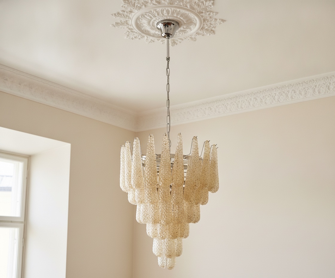 Handblown Murano Drops Chandelier – 75 Glass Drops under an ornate ceiling rose