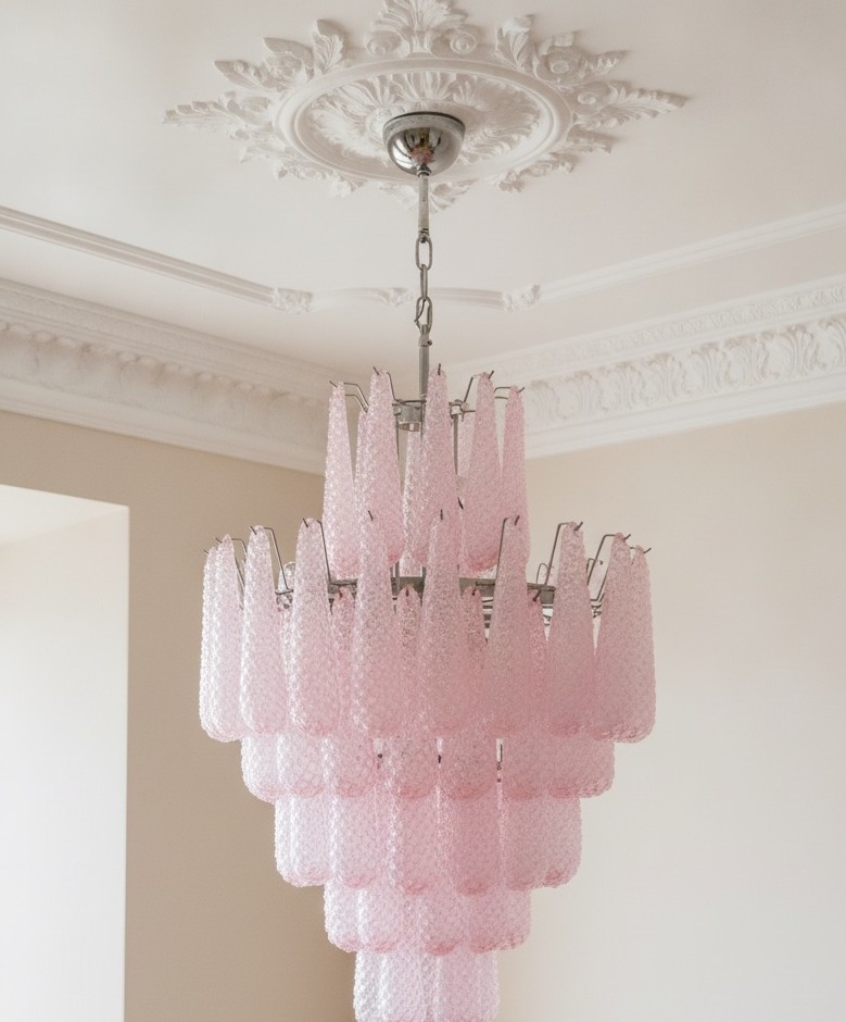 Handblown Murano Drops Chandelier – 85 Glass Drops under an ornate ceiling rose