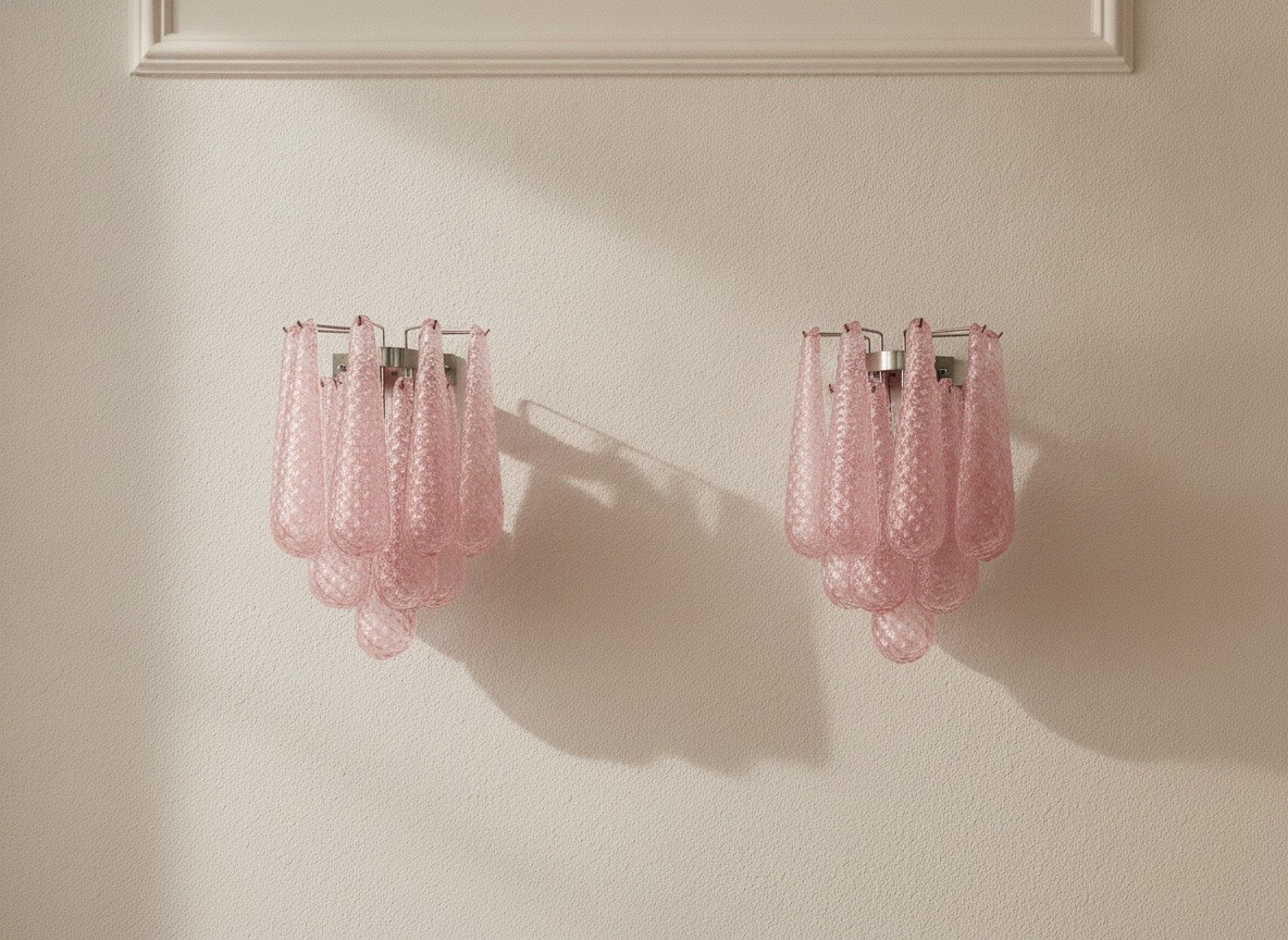 Handblown Murano Drops Wall Sconce – 10 Glass Drops – Set of 2 in pink glass