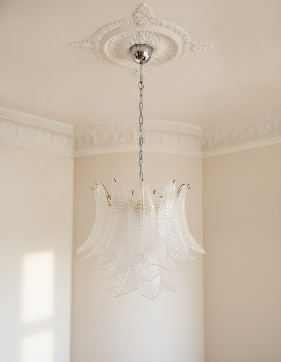 Handblown Murano Felci Chandelier – 36 Felci Glass under an ornate ceiling rose