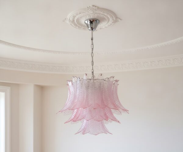 Handblown Murano Felci Chandelier – 48 Felci Glass under an ornate ceiling rose