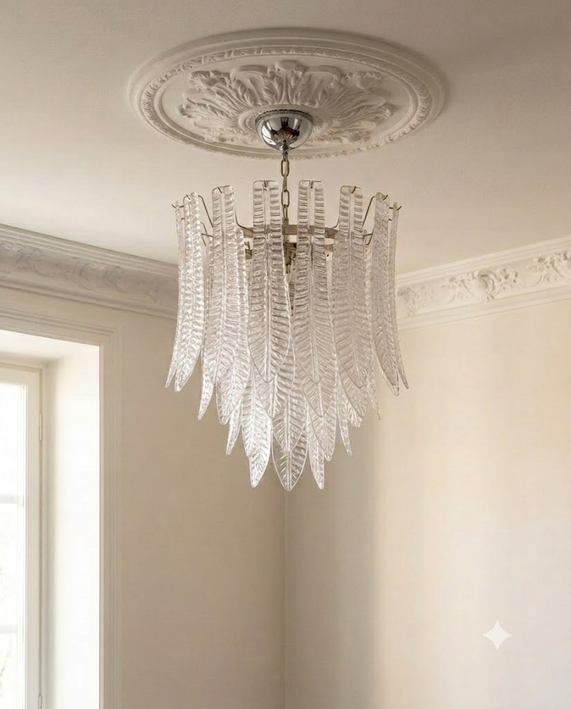 Murano Felci Chandelier – 52 Felci Glass Handblown Murano Felci Chandelier – 52 Felci Glass under an ornate ceiling rose