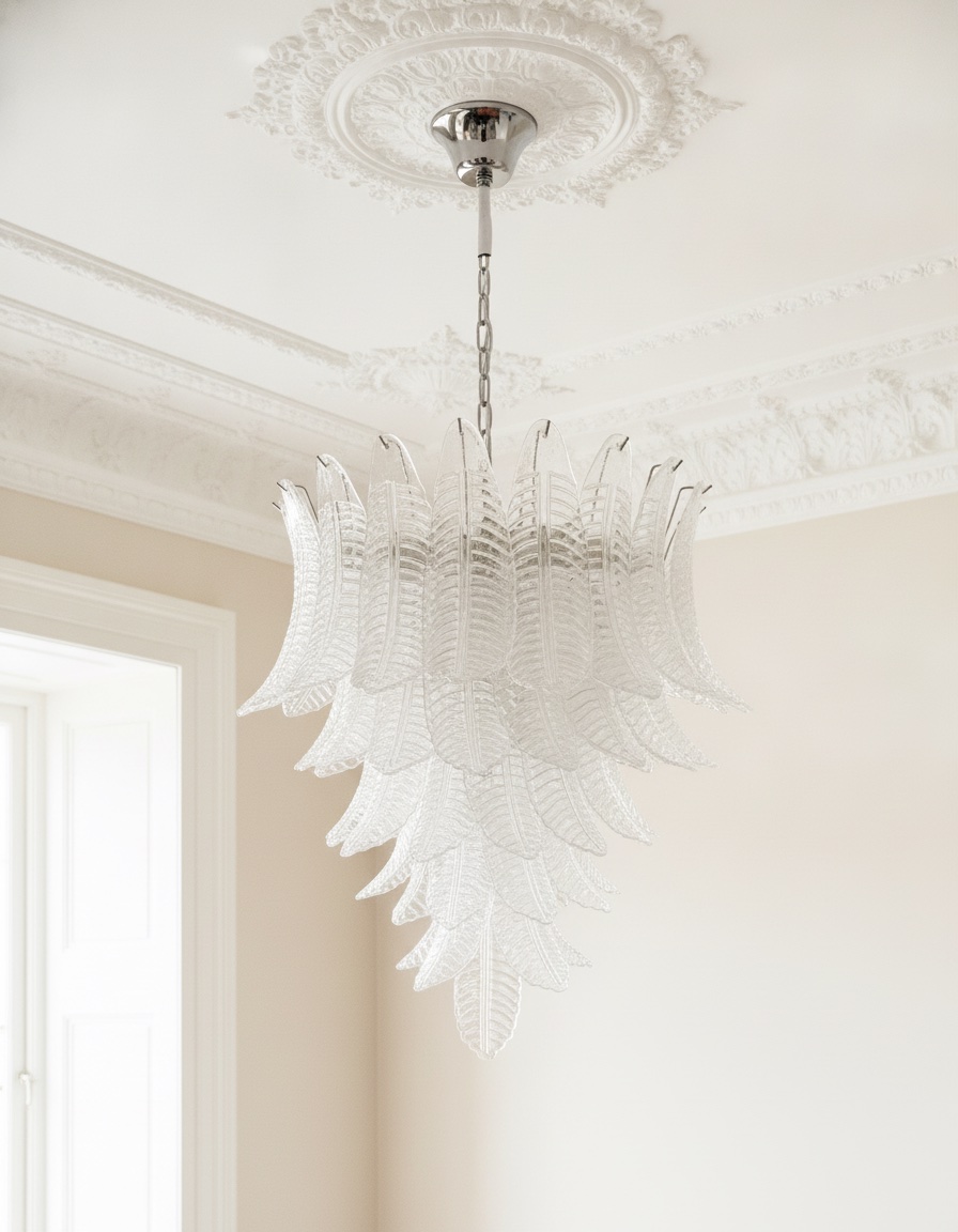 Handblown Murano Felci Chandelier – 75 Felci Glass under an ornate ceiling rose