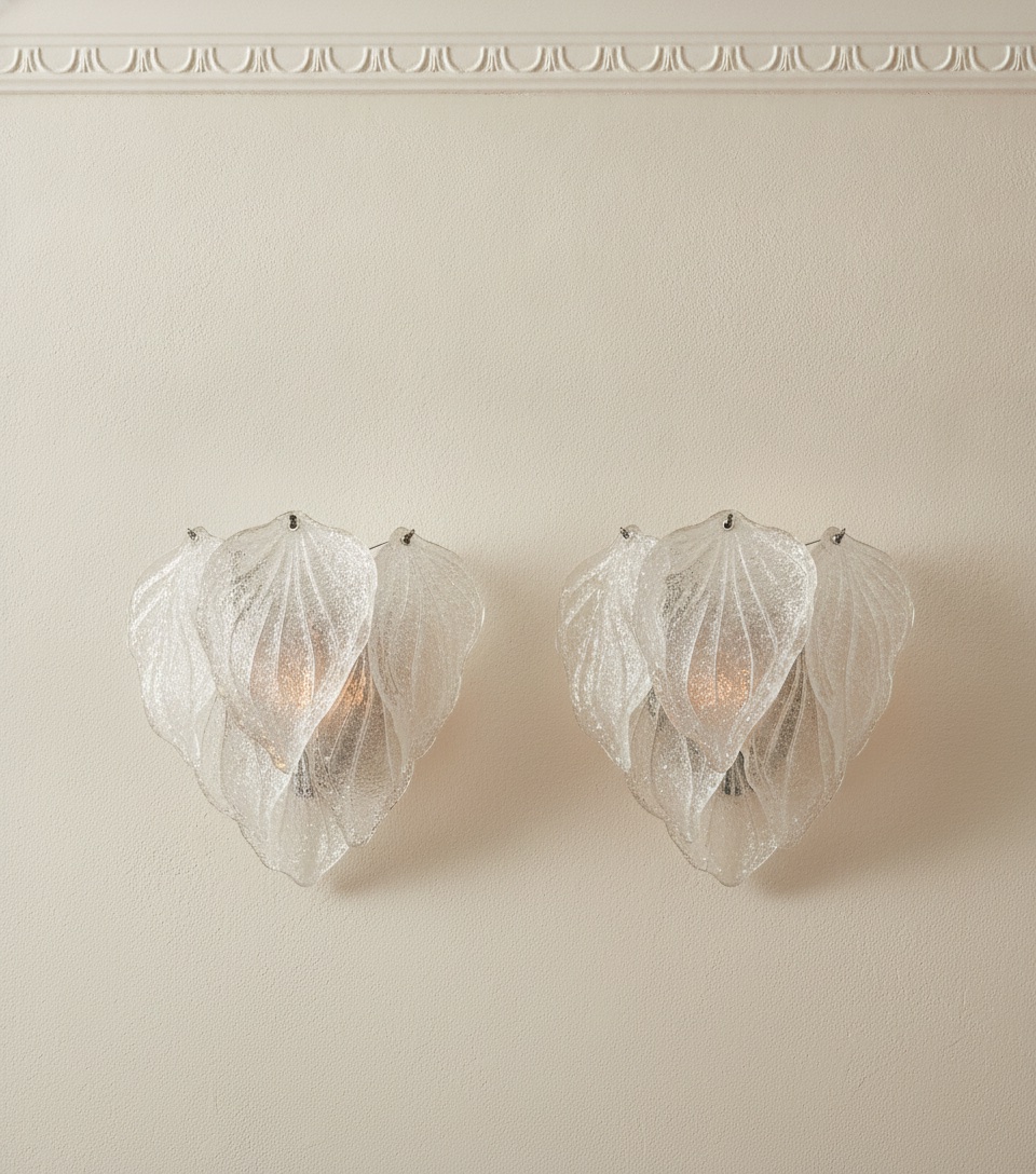 Handblown Murano Fiammette Wall Sconce – Set of 2 under an ornate ceiling rose
