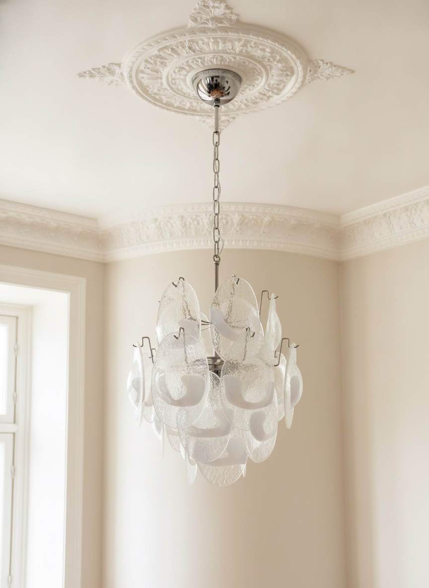 Handblown Murano Lattimo Chandelier – 24 Lattimo Glass under an ornate ceiling rose