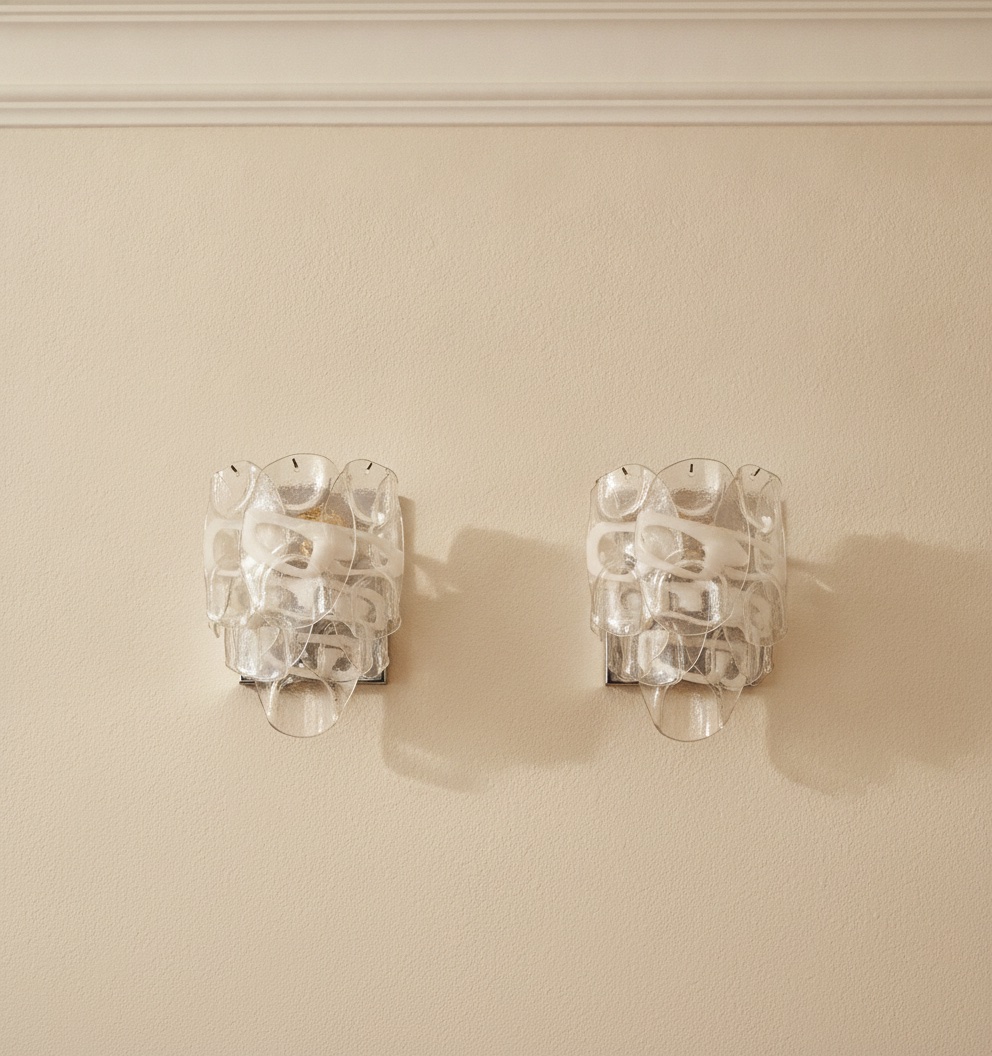Handblown Murano Lattimo Wall Sconce – 10 Lattimo Glass – Set of 2 mounted on the wall