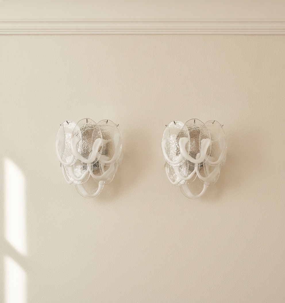 Handblown Murano Lattimo Wall Sconce – Set of 2 mounted on the wall