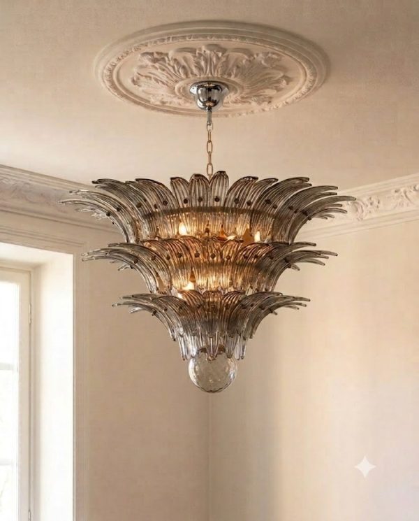 Handblown Murano Palmette Chandelier – 104 Palmette Glass under an ornate ceiling rose