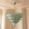 Handblown Murano Palmette Chandelier – 160 Palmette Glass under an ornate ceiling rose