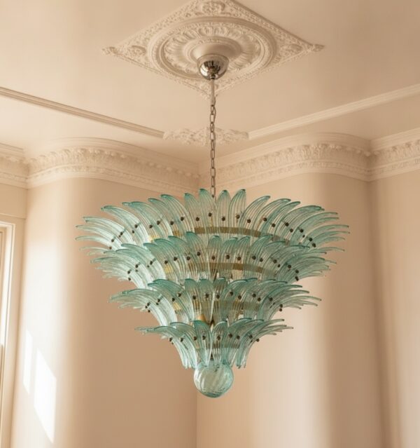 Handblown Murano Palmette Chandelier – 160 Palmette Glass under an ornate ceiling rose