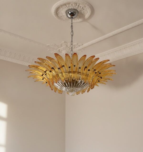 Handblown Murano Palmette Chandelier – 36 Palmette Glass under an ornate ceiling rose